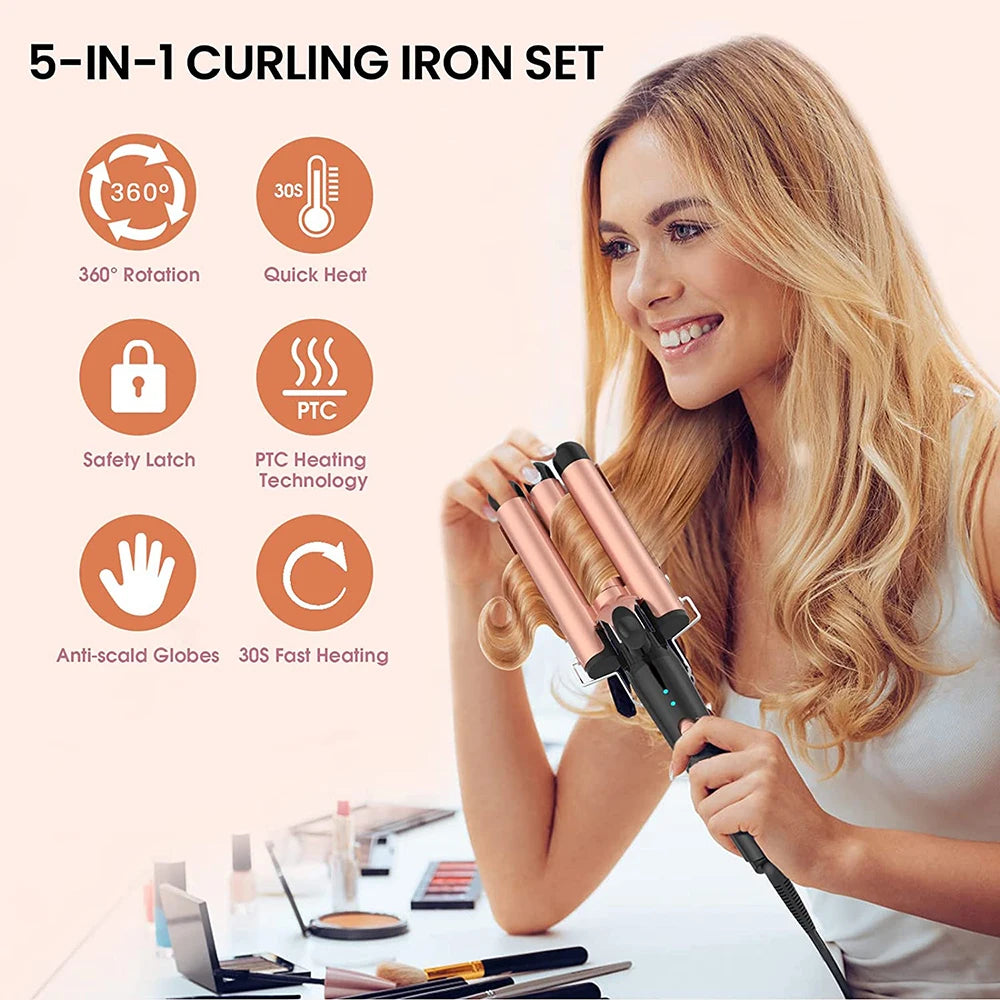 5-in-1 Hair Waver Curling Iron,3 Barrel Hair Crimper with Fast Heating Up